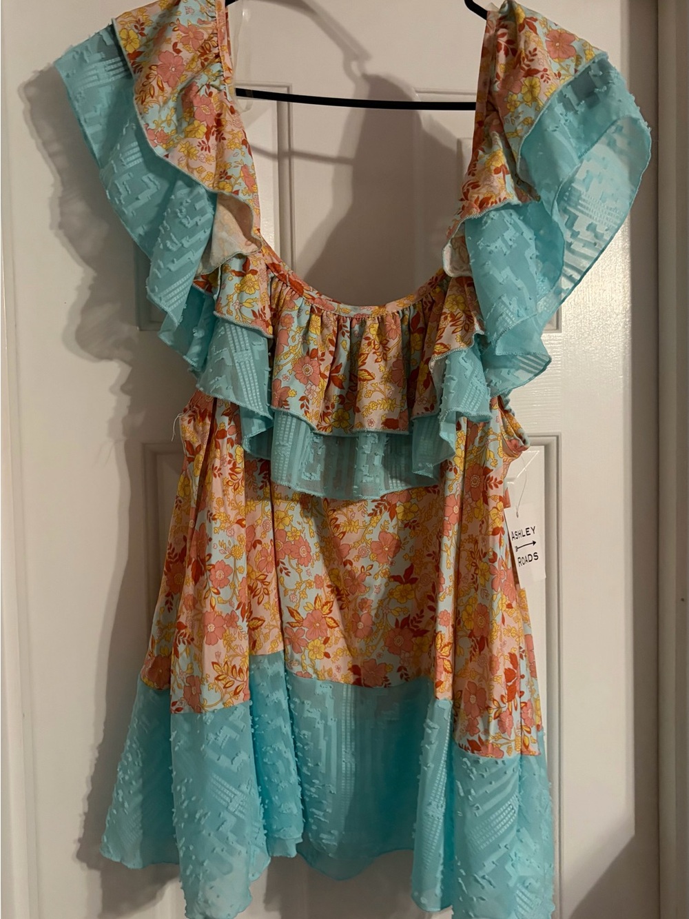 Sugarfox Floral Ruffle Tank Top in Aqua and Peach - Size S, NWT - Picture 4 of 5